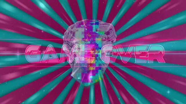 Vertical video: Teal-magenta rays starting causing neon GAME OVER bust glitching and ending game