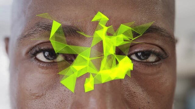 Mature man closing eyes while neon polygons forming on brow, opening eyes causing AR shifting right