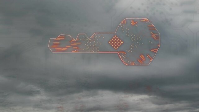 Stylized key brightening over clouds, pulsing circuitry and diamond dots, signaling cloud security