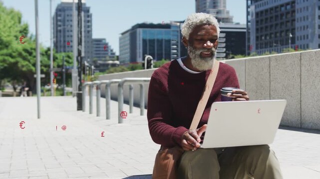 Middle-aged man sipping coffee and adjusting lid, checking laptop while working remotely in plaza