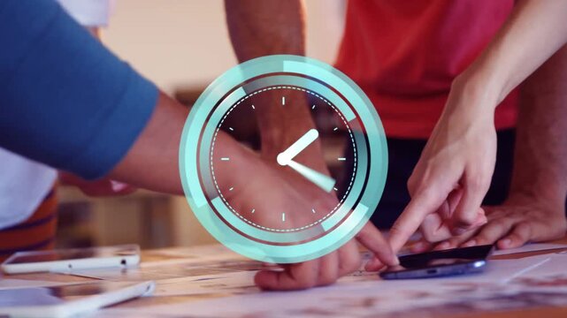 Pair resting on designs teal clock rising over hands team pointing tapping phone sorting for review