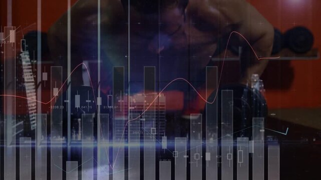 Man reaching to grip dumbbells, starting bench rows under finance charts animating tracking metrics