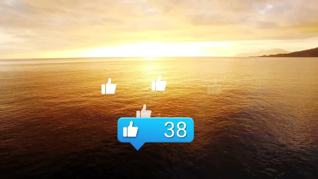 Blue like counter appearing over ocean, spawning thumbs-up icons and showing social media growth