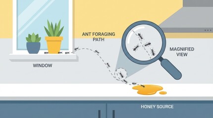 Naklejka premium Illustration shows ants moving from a window to a honey spill on a kitchen counter. It highlights pest infestation issues in a domestic setting. Ideal for pest control educational materials.