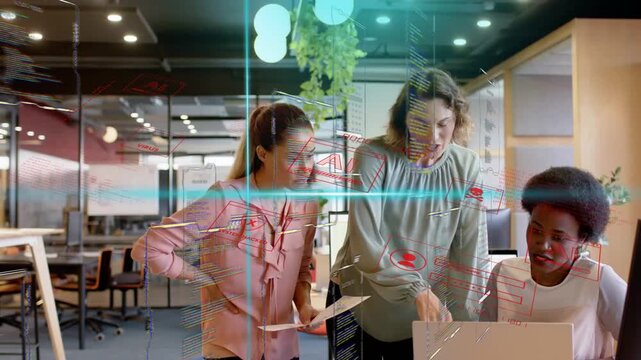 Three women gathering around laptop in business, center woman pointing, guiding finalizing with HUD