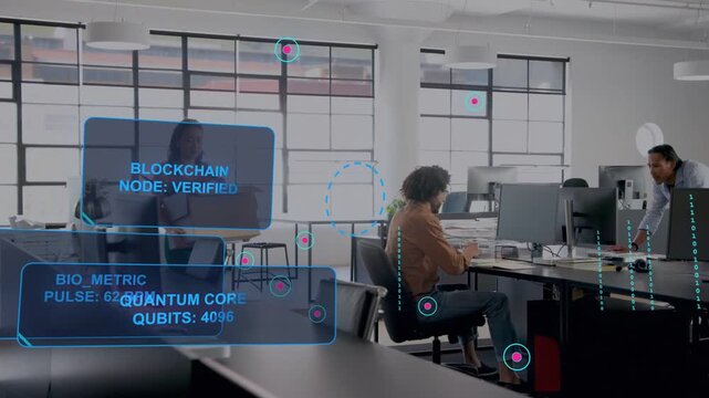 Man typing at monitor, woman placing box activating blockchain nodes showing pulse, access verified