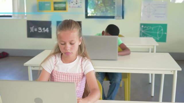Front girl moving from thinking to typing as camera zooming, blue overlays guiding math work
