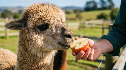 Obraz premium An adorable alpaca is offered a slice of apple by a person, set against a green pasture backdrop.