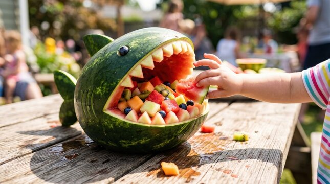A watermelon carved as a shark, filled with assorted fruits. A child's hand reaches for a piece, enjoying a colorful treat outdoors.
