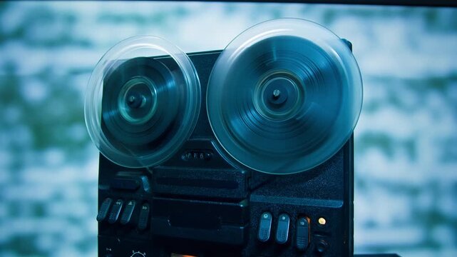 Tape audio music player, VHS studio magnetic tape, vintage retro spool reel to reel player and recorder, magnetic tape data storage close up, music studio. 