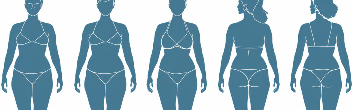 A woman in a black bikini stands against a plain background showing different body shapes. Each shape represents diversity in body types and sizes
