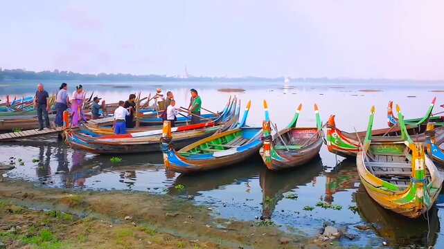 Boats at the bank of Tahungthaman lake, Mandalay, Myanmar