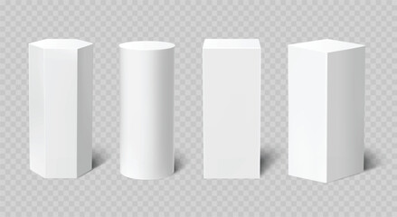 3D podium pedestals in round, rectangular and hexagonal shapes, realistic white display stands and tall geometric platforms for product presentation mockup vector set © Frogella.stock