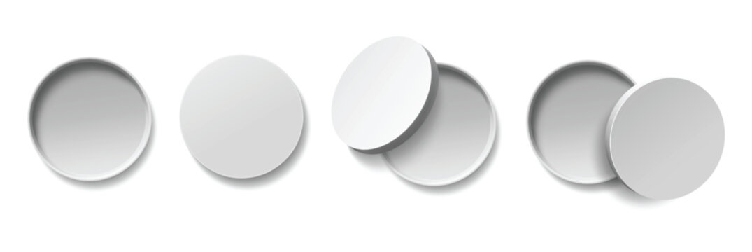 Realistic round box vector set with open and closed cosmetic containers, blank circular packaging mockups in top and perspective view, white 3D jar lids for cream or powder