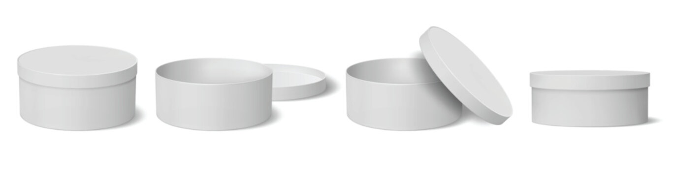 3D round boxes vector set with open and closed cylindrical packaging containers, blank white jar mockups with removable lids, realistic cosmetic box templates in perspective view