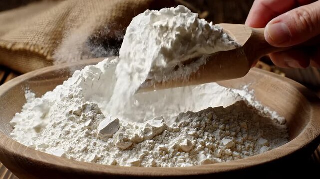 Closeup of a wooden bowl filled with white flour and a wooden scoop.