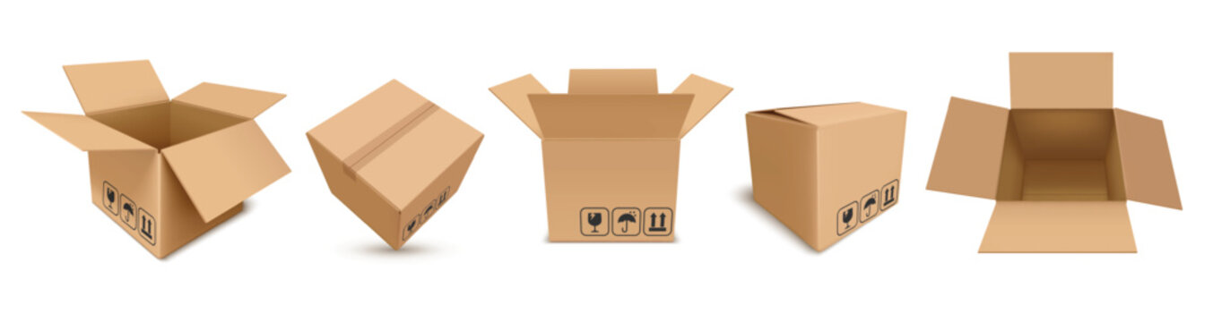 Cardboard parcel boxes open and closed realistic 3D vector packaging set with shipping symbols, brown carton delivery mockup for logistics, ecommerce and moving