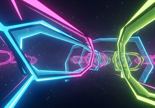 Vibrant neon geometric shapes in space with pink blue and green lights
