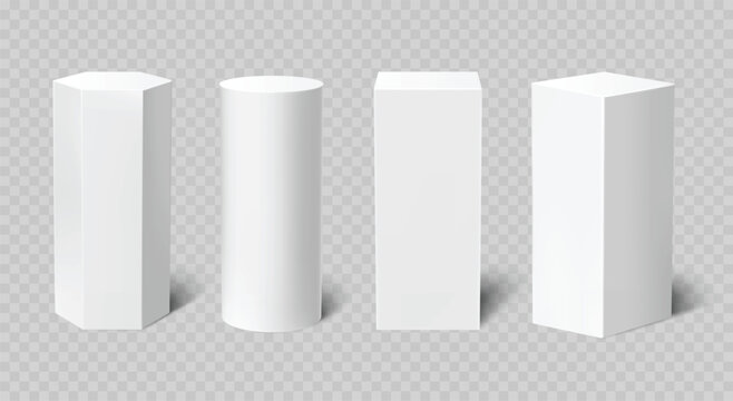 3D podium pedestals in round, rectangular and hexagonal shapes, realistic white display stands and tall geometric platforms for product presentation mockup vector set