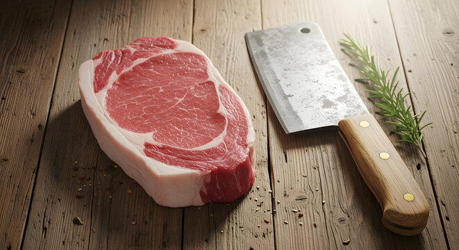 Raw ribeye steak with meat cleaver and rosemary on wood