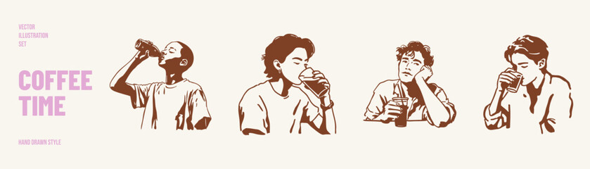 Fototapeta premium People drinking coffee relaxed moments casual lifestyle scenes. Illustrations for advertising visuals and editorial content. Hand drawn pencil style with soft lively strokes.