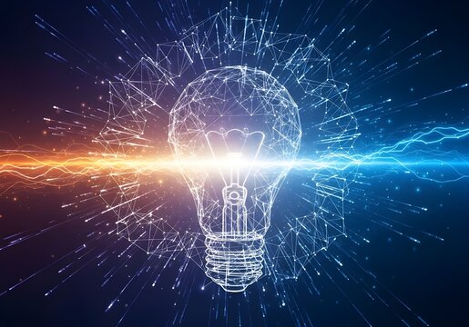 A glowing lightbulb with a wireframe design on a dark background with colorful energy lines