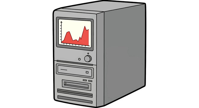 Illustration of an old desktop computer tower with a data graph on the screen