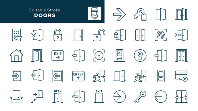 Doors. Set of outline icons. Open, closed and smart door, enter, exit, padlock, lock and key and more. Line icon in linear style. Vector collection