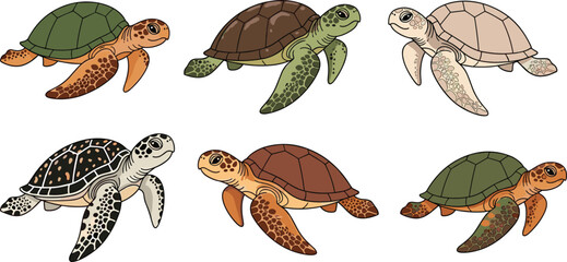 Cartoon illustrated sea turtles with colorful patterned shells expressive eyes detailed flippers aquatic marine animals playful fantasy nature artwork scene © IconicCreations