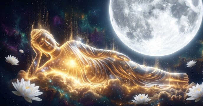 Buddha Parinirvana Cosmic Moon Spiritual Scene
