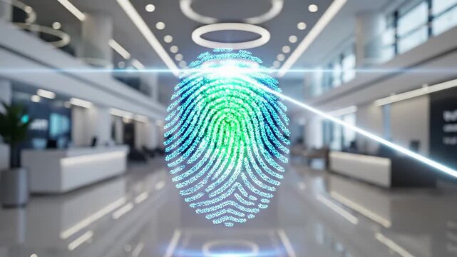 Glowing digital fingerprint with particle dispersion in office interior. Biometric identity verification and cyber security authentication technology for personal data protection and access control