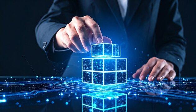 Suit hand manipulates glowing cubes futuristic digital holographic interface