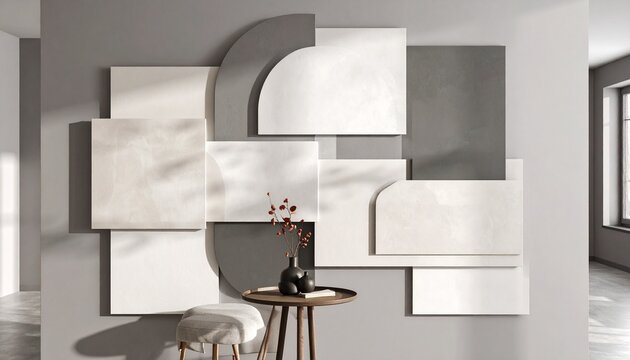 Minimalist interior geometric wall art table vase stool