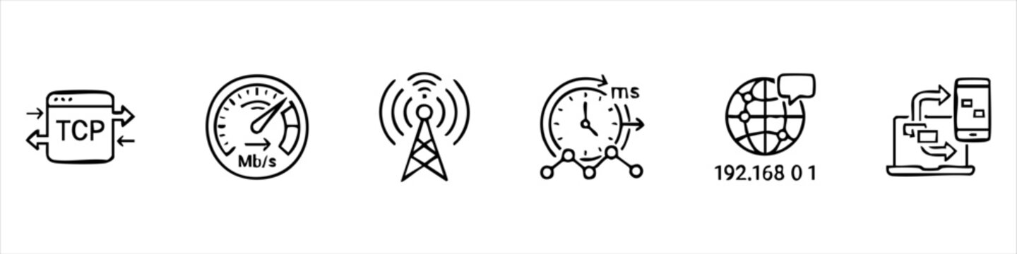 Networking and Internet Technology Icon Set: TCP Protocol, Connection Speed, Wireless Signal, Latency, IP Address, and Device Synchronization