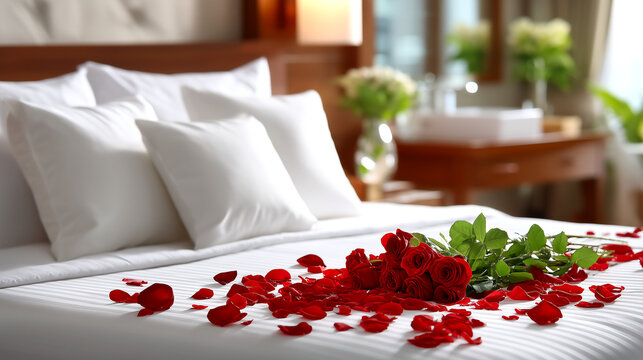 Romantic getaway with red roses and petals on a hotel bed for a special honeymoon or anniversary celebration, creating a luxurious and loving atmosphere