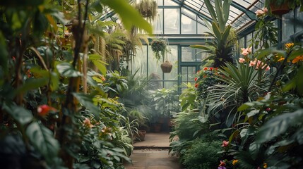 Obraz premium Greenhouses are filled with lush plants that thrive in a controlled environment, offering ideal conditions for growth through regulated temperature, humidity, and light. This interior setting enhances