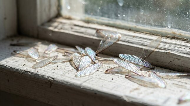 Discarded termite wings scattered on a weathered wooden windowsill. Evidence of a recent termite swarm indoors, suggesting a pest infestation problem. Ideal for pest control services or inspection.