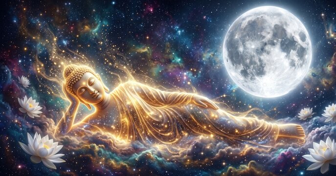 Buddha Parinirvana Cosmic Moon Spiritual Scene