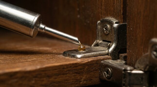 A syringe applies insecticide gel to a wooden cabinet hinge. Professional pest control treatment for cockroaches or ants. Ideal for service promotion or home maintenance guides.