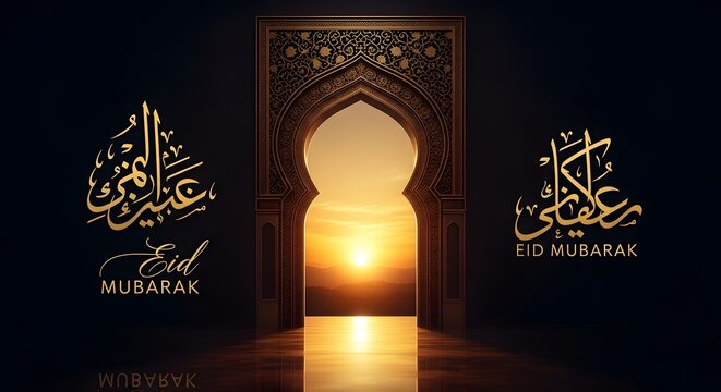 Eid mubarak greeting card with lantern and arabic calligraphy