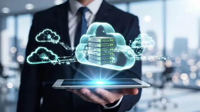Business executive holding tablet with cloud server network and data storage infrastructure. Computing technology and enterprise database hosting service for digital management and secure migration