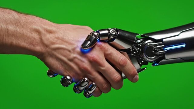 Human Hand and Robotic Hand Shaking Together on Green Screen - Future Technology and AI Collaboration Concept
