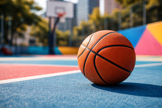 Close-up of basketball on colorful court in urban setting
