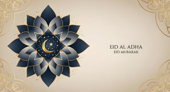 Eid al adha mubarak greeting card with moon and lotus flower