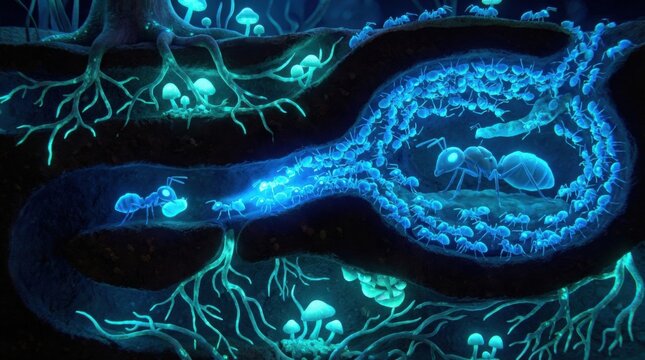 Cross section of glowing ant colony underground with bioluminescent mushrooms. Visualization of insect behavior and hive structure. Ideal for pest control education or scientific concepts.
