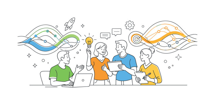 Innovation and forward thinking in a technology or business environment where teams generate new ideas and creative solutions, illustrated by structured psychedelic