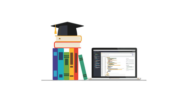 A black academic graduation mortarboard rests on a neat stack of vibrant textbooks placed beside a modern laptop showing complex software computer code.