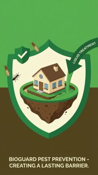 House protected by shield from termites and ants with liquid treatment. Concept of home pest prevention and security. Useful for pest control service advertising and informational blogs.