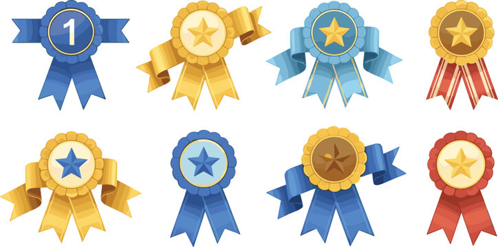 Award ribbon badge and rosette medal cartoon set with gold, blue, bronze, star, and number one rank on white background