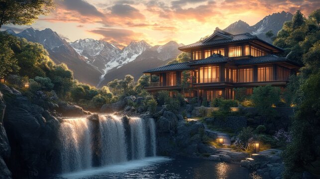 A serene digital illustration of a multi-level wooden house nestled in a lush mountainous landscape, illuminated by a warm sunset, with a waterfall cascading down rocks in the foreground